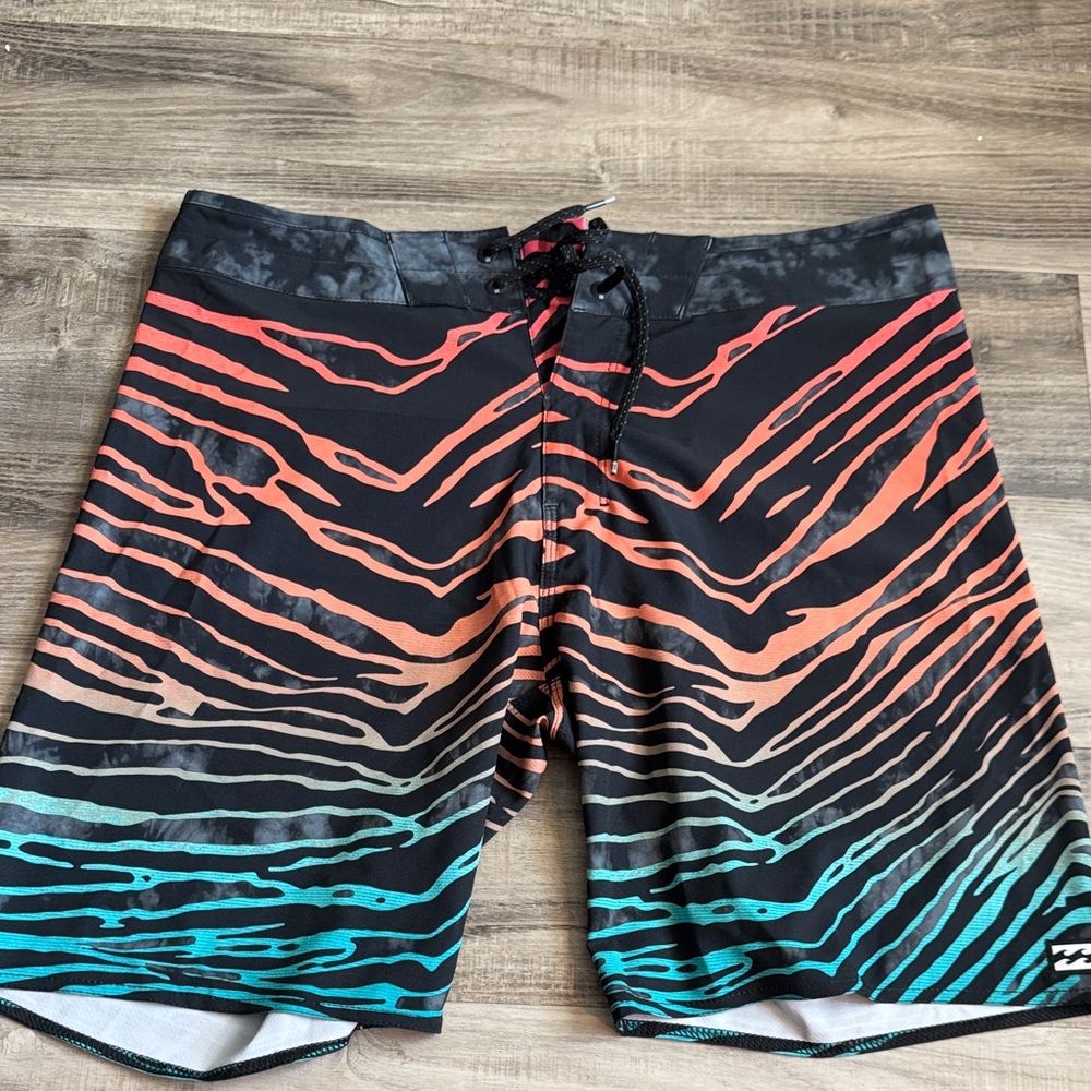 Billabong Black, Orange, and Teal Swim Board Shorts